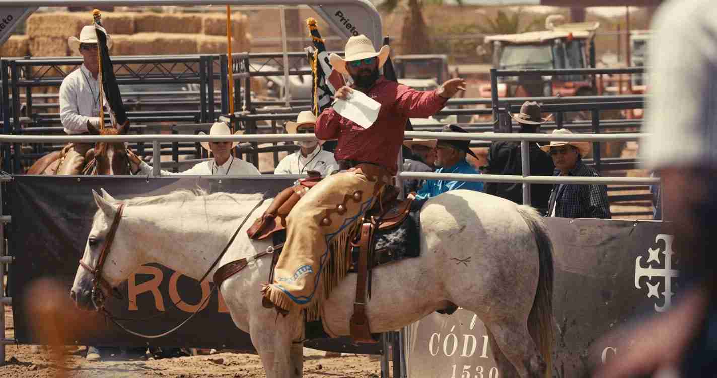 Cowboy in a red shirt and fringed chaps rides a white horse in a rodeo arena, holding papers while spectators watch behind the fence.