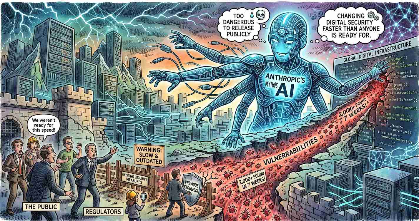 Cartoon: a giant blue robot labeled 'Anthropic's AI' towers over a city, with a red crack labeled 'Vulnerabilities' at its base.