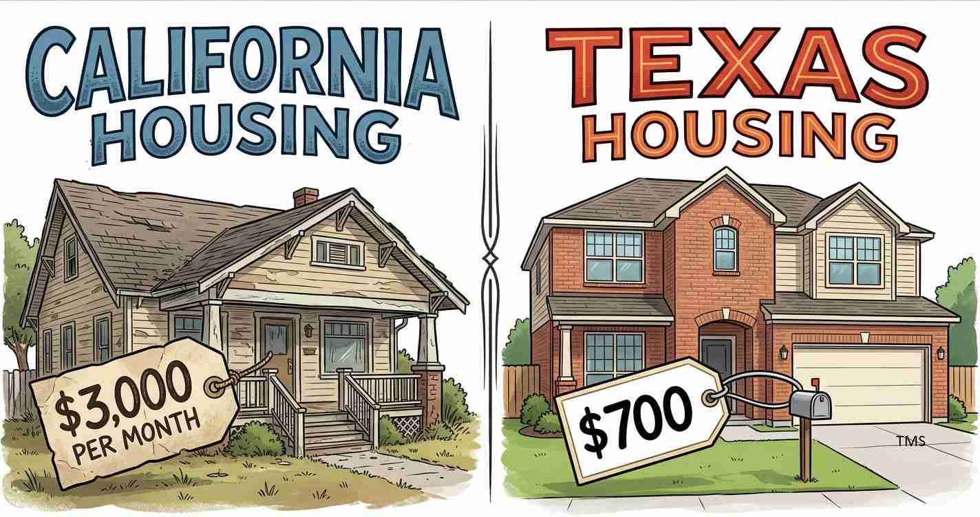 Split illustration comparing California and Texas housing with $3,000/month tag vs $700 rent tag on the other side.