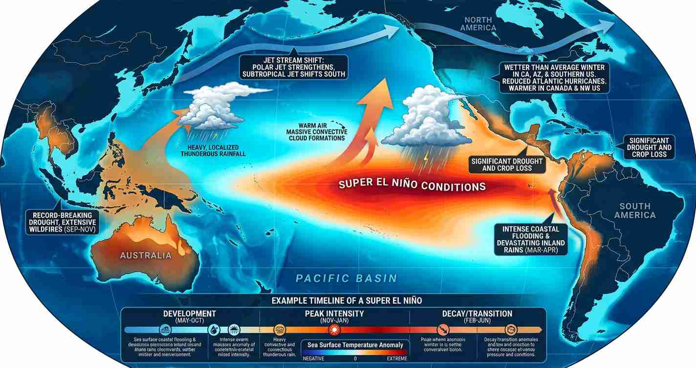 Infographic illustrating Super El Niño: warm Pacific, shifted jet stream, and global droughts and floods effects across regions.
