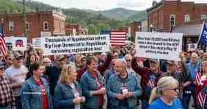 Crowd of voters on a street holding large signs about Appalachian voters flipping from Democrat to Republican and unaffiliated voters moving to the GOP before a May primary election.