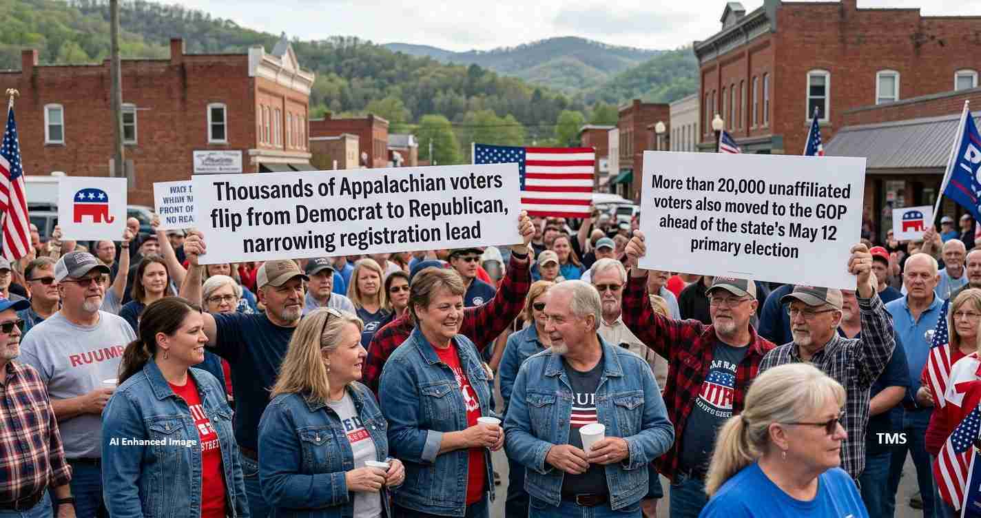 Crowd of voters on a street holding large signs about Appalachian voters flipping from Democrat to Republican and unaffiliated voters moving to the GOP before a May primary election.