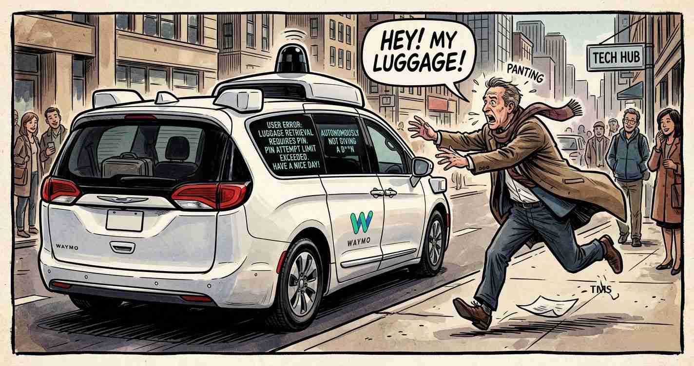 Comic panel: a Waymo autonomous taxi on a city street, a man chasing it and shouting 'Hey! My luggage!' while pedestrians watch.