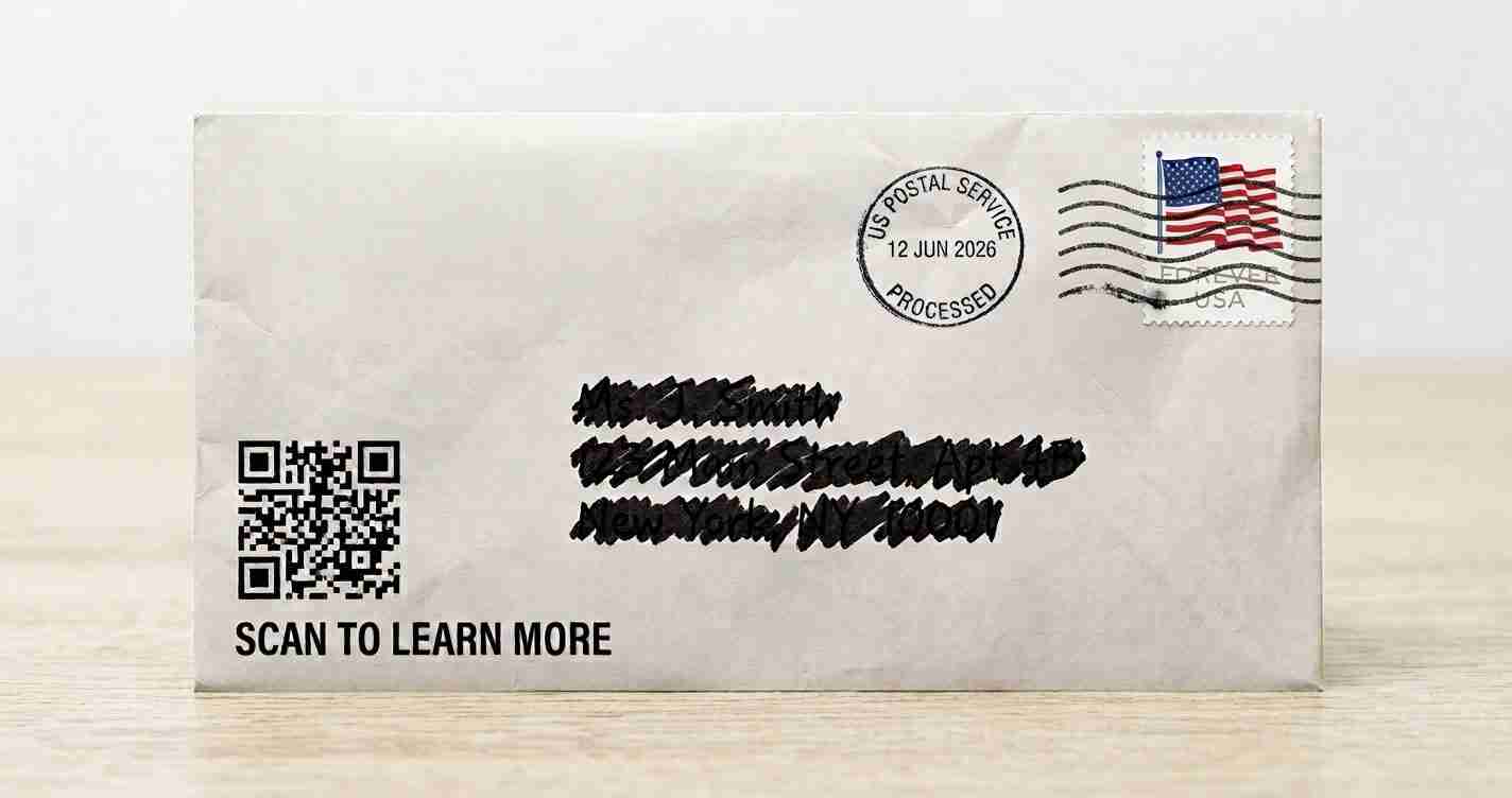 White envelope on a light wood surface featuring a QR code and the caption 'SCAN TO LEARN MORE,' plus a US stamp and postmark.