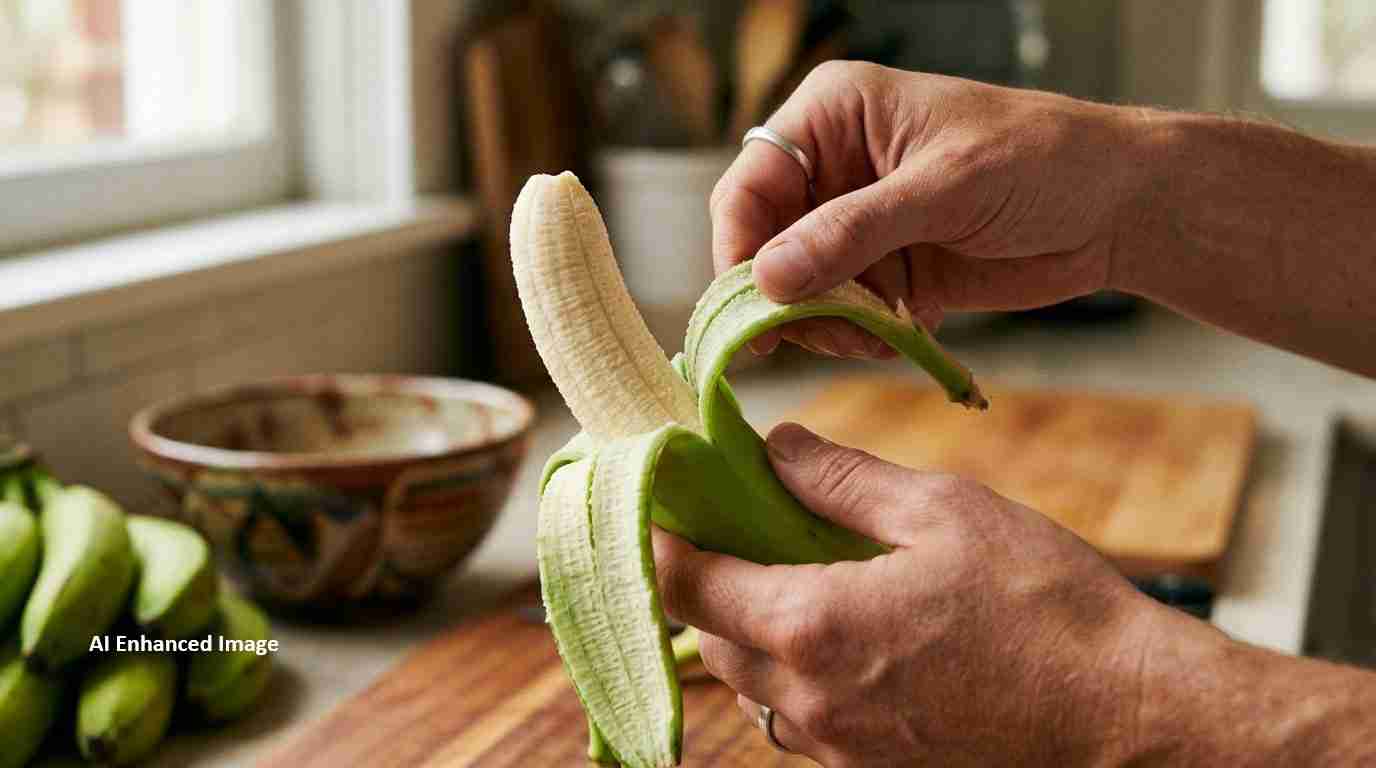 Close-up of hands peeling a banana in a bright kitchen setting.