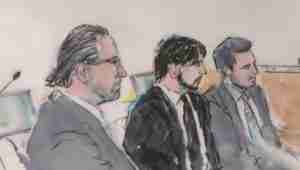Sketch of three men in suits sitting side by side, likely in a courtroom or panel setting