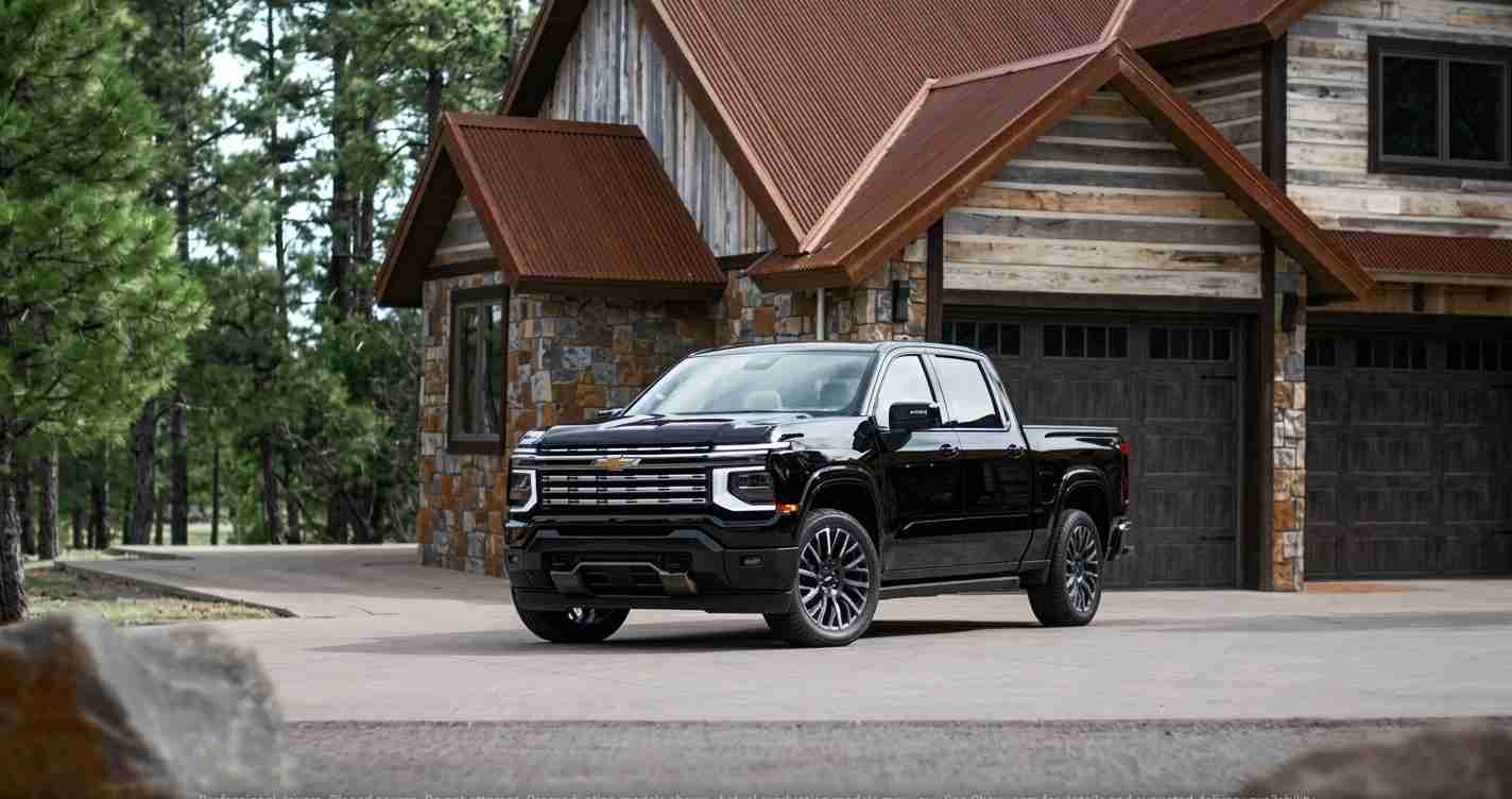Black pickup truck parked in a driveway beside a rustic stone-and-wood house in a wooded setting.