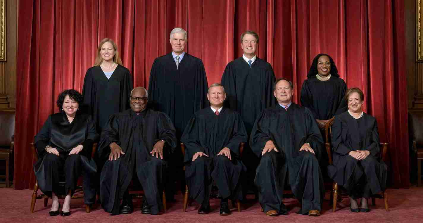 Group portrait of nine people in black judicial robes posing for a formal photo in front of red stage curtains.