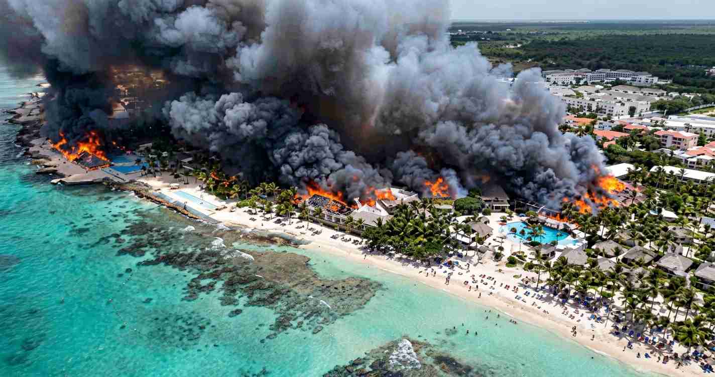 Aerial view of a coastal resort on fire with large black smoke plumes and flames along the beachfront.