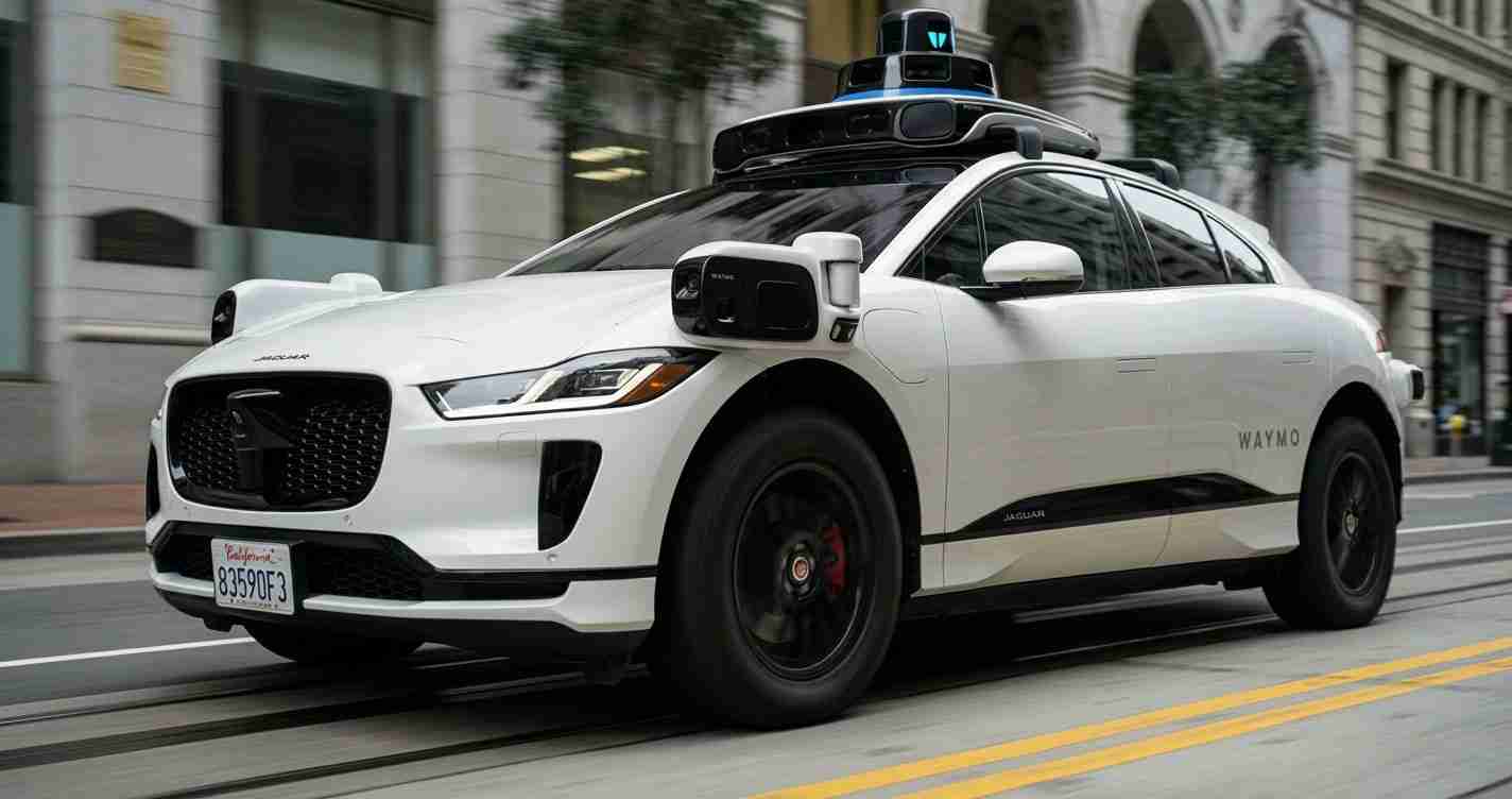 White Jaguar SUV equipped with Waymo self-driving sensors on the roof driving through a city street.