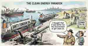 Cartoon showing oil spills: large ships labeled 'DIRTY FOREIGN OIL' discharge black sludge through pipelines into the water, while oil pumps on the shore feed more leakage under a banner 'THE CLEAN ENERGY PARADOX'.