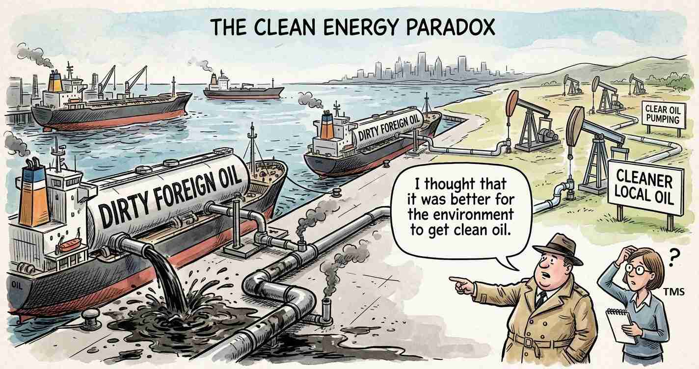 Cartoon showing oil spills: large ships labeled 'DIRTY FOREIGN OIL' discharge black sludge through pipelines into the water, while oil pumps on the shore feed more leakage under a banner 'THE CLEAN ENERGY PARADOX'.