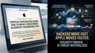 Left: laptop screen shows an urgent security update about AI-exploit vulnerabilities. Right: dark poster says 'Hackers move fast. AI threat neutralized.'