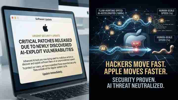 Left: laptop screen shows an urgent security update about AI-exploit vulnerabilities. Right: dark poster says 'Hackers move fast. AI threat neutralized.'