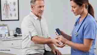 Nurse in blue scrubs checks a patient’s vitals using a handheld device while a blood pressure cuff is placed on his arm.