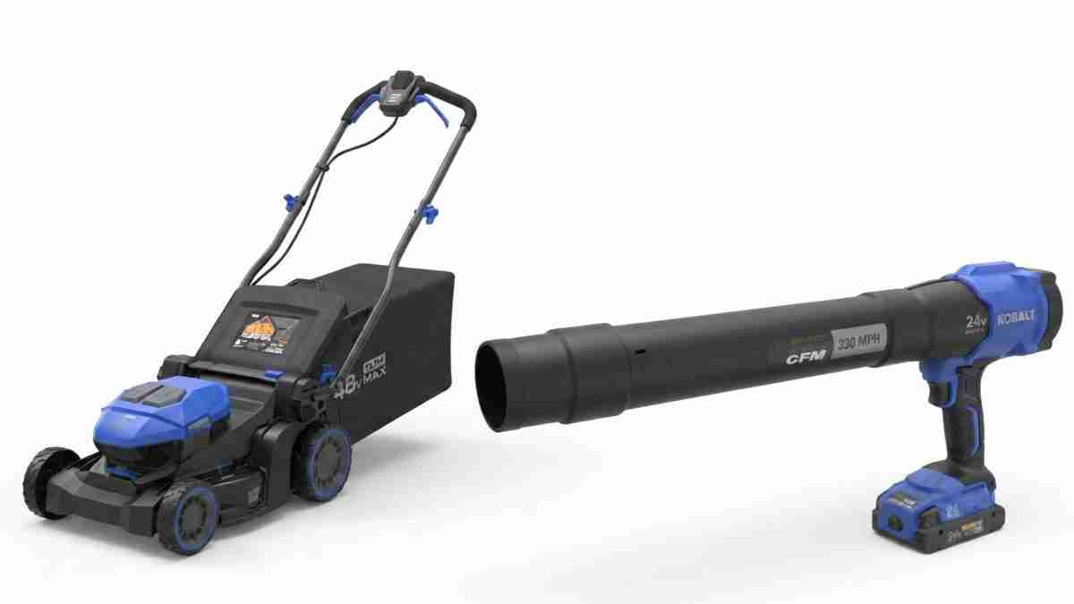 Blue and black cordless leaf blower with a long nozzle beside a matching battery-powered lawn mower on the left.