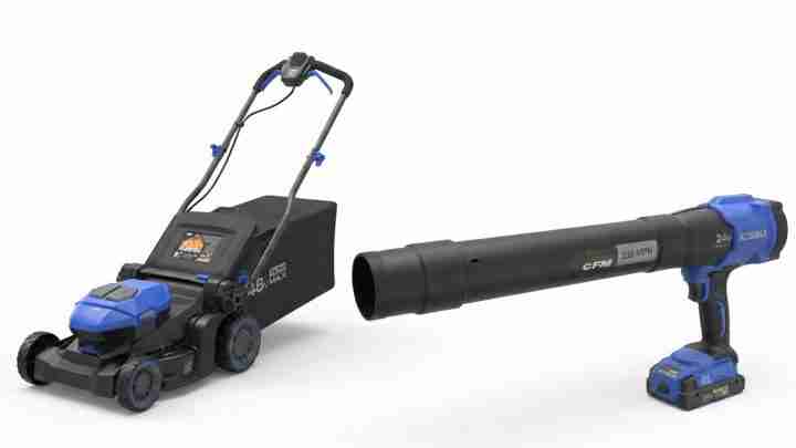 Blue and black cordless leaf blower with a long nozzle beside a matching battery-powered lawn mower on the left.
