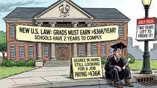 Cartoon of a college building with a big banner: graduates must earn over $36K/yr, schools have 2 years to comply; a sad graduate with diploma sits nearby while a sign reads the job-pay message and July 2026 deadline.