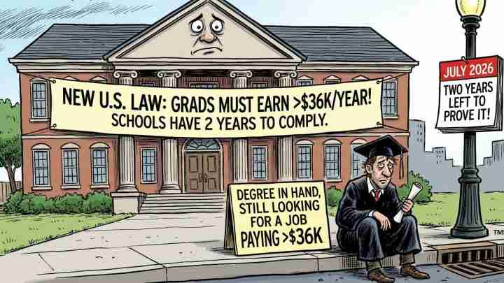 Cartoon of a college building with a big banner: graduates must earn over $36K/yr, schools have 2 years to comply; a sad graduate with diploma sits nearby while a sign reads the job-pay message and July 2026 deadline.