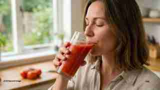 Woman in a light shirt sipping tomato juice from a tall glass in a bright kitchen; eyes closed in enjoyment.