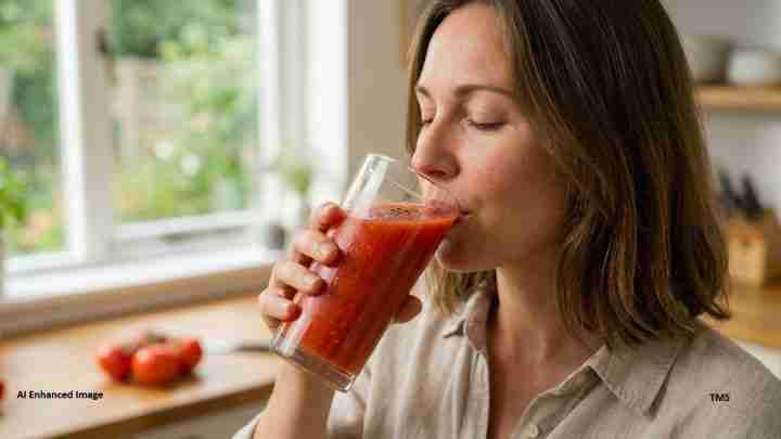 Woman in a light shirt sipping tomato juice from a tall glass in a bright kitchen; eyes closed in enjoyment.