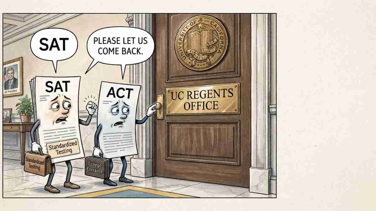 Anthropomorphic SAT and ACT test papers beg at a door labeled UC Regents' Office, carrying briefcases for standardized testing.