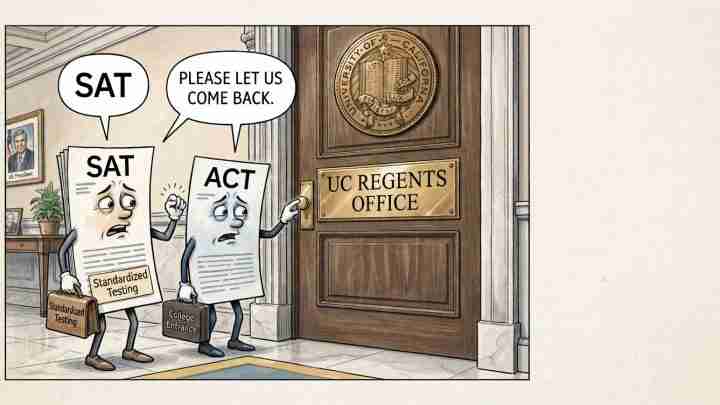 Anthropomorphic SAT and ACT test papers beg at a door labeled UC Regents' Office, carrying briefcases for standardized testing.