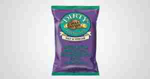 Bag of Dirty Dell Style Salt & Vinegar potato chips on a gray background.