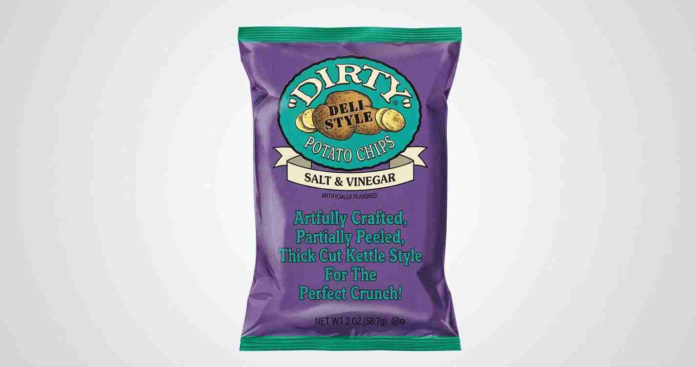 Bag of Dirty Dell Style Salt & Vinegar potato chips on a gray background.