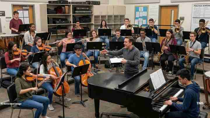 School band rehearsal in a music room: conductor leads players on strings, woodwinds, brass, and piano.